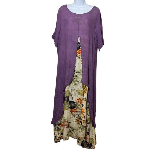 Boho Layered Maxi Dress 3X – Purple Top & Tropical Floral Skirt Cottagecore - Picture 1 of 8